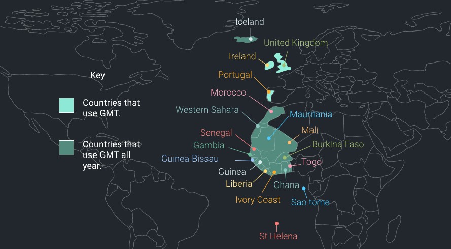 Ilustrasi peta negara dengan zona waktu GMT 0 