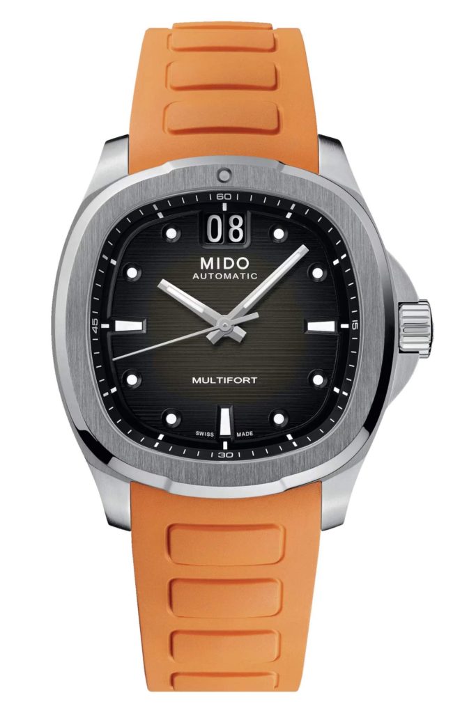 Mido Multifort TV Big Date M049.526.17.081.00 dengan grey dial dan orange rubber strap