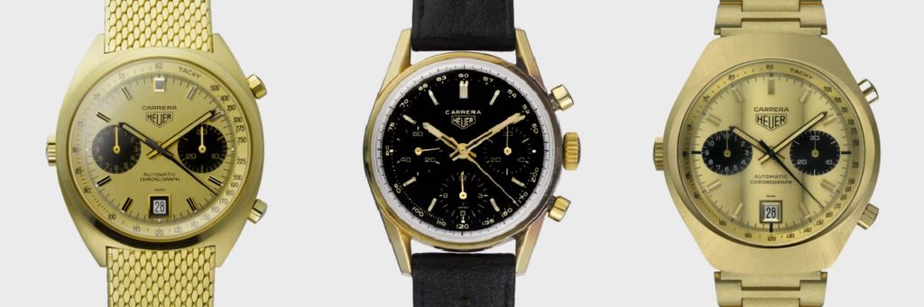 Jam tangan Heuer Carrera yang dipakai oleh Ryan Gosling (kiri ke kanan: Carrera 1158 CHN, Carrera 2448 NT, dan Carrera 110.515