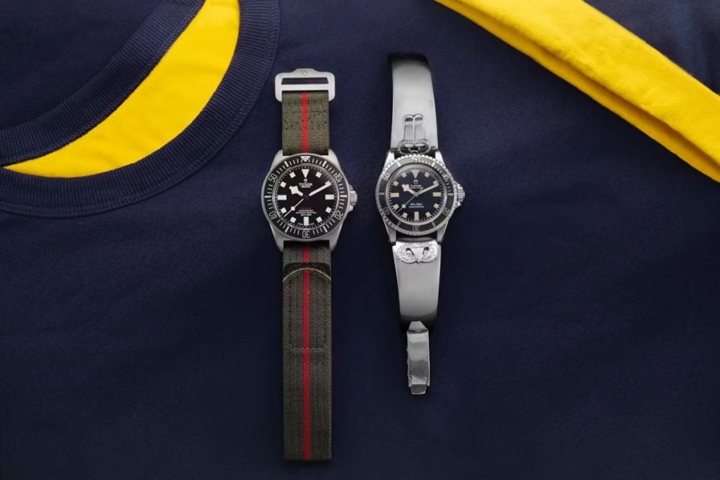 Black Tudor Pelagos FXD (kiri) dan Submariner Ref.7016 yang antik milik Angkatan Laut AS (kanan)