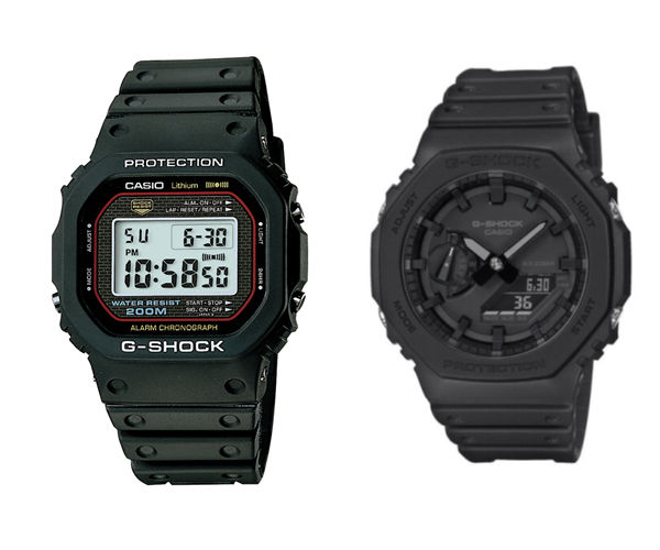 G-Shock pertama DW 5000C (kiri) dan G-Shock GA-2100 dengan bezel oktagonal (kanan)