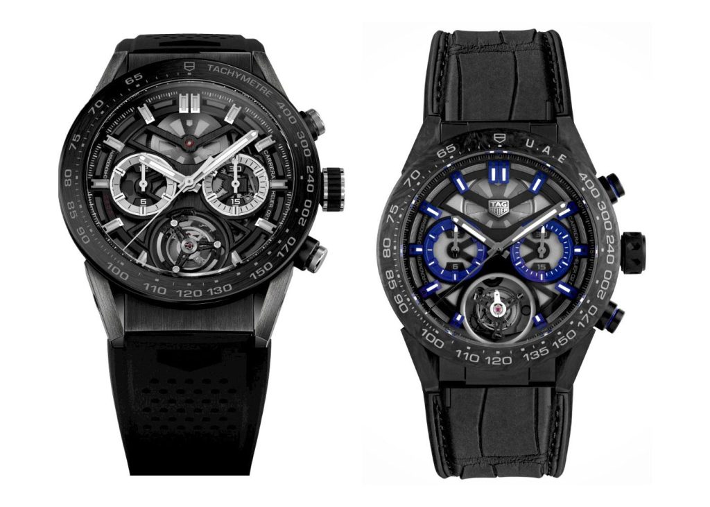 TAG Heuer Carrera Heuer-02T Tourbillon (2016) (kiri) dan Carrera Tourbillon H02T Dubai Skyline (kanan)