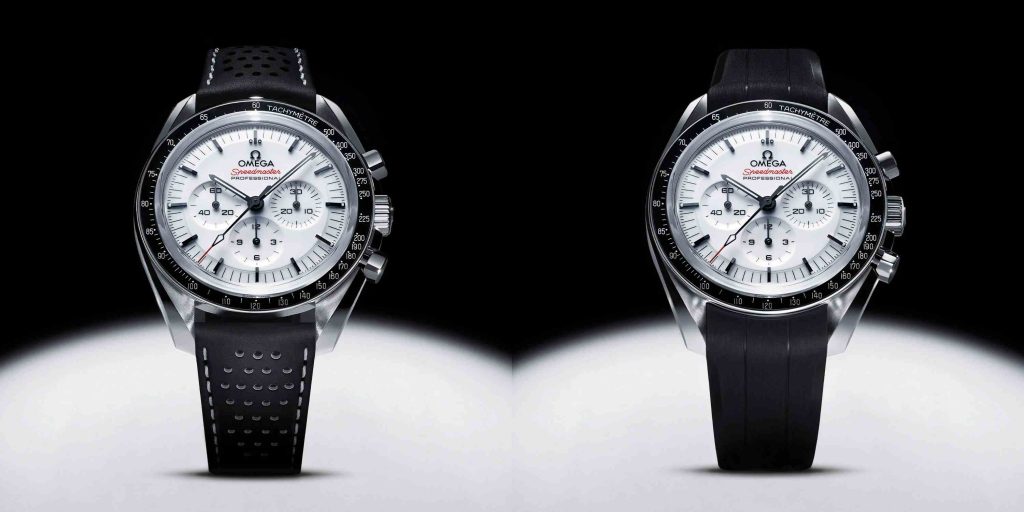 Varian Omega Speedmaster Moonwatch Professional White Dial dengan leather strap (kiri) dan rubber strap (kanan)