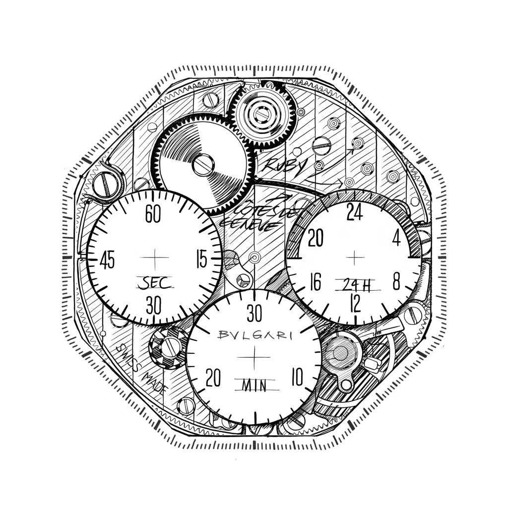 Tampilan sketsa dial Bulgari Octo Finissimo Chronograph GMT Sketch 