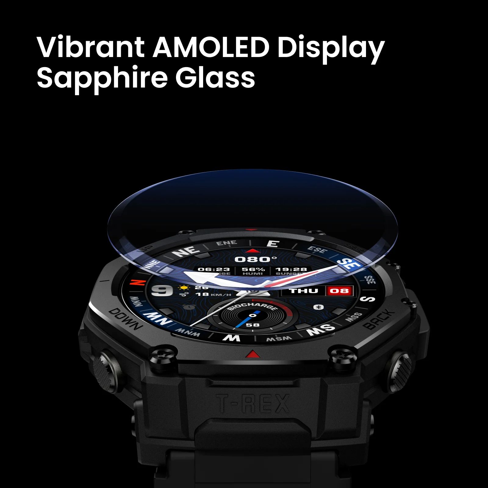 Sapphire crystal pada Amazfit T-Rex 3 Pro Tactical Black 48 mm